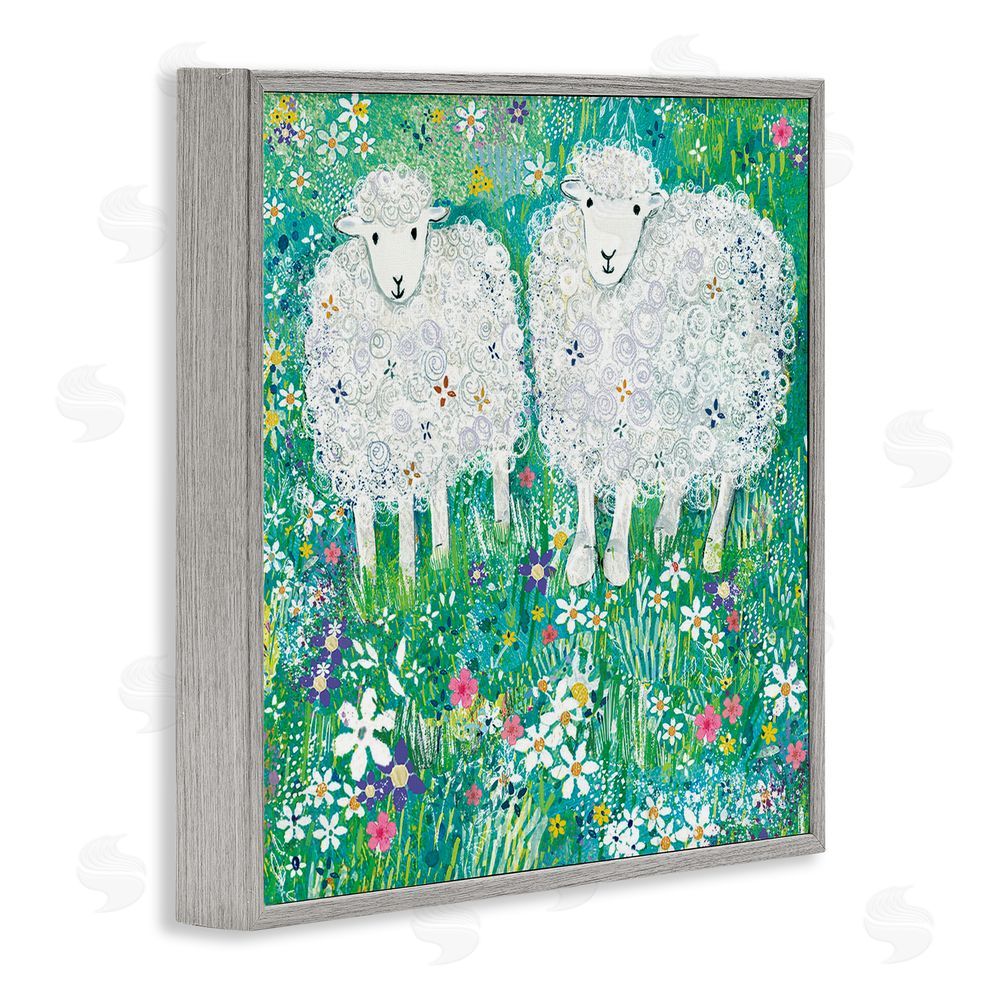 Clare Tupper Wooly Sheep with Scattered Flowers Gray Framed Giclee Wall Art Print