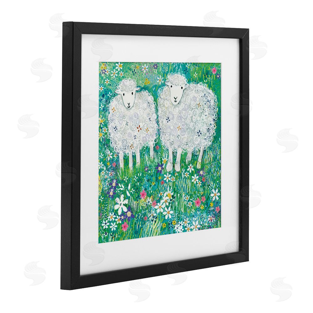 Clare Tupper Wooly Sheep with Scattered Flowers Black Framed Print Under Glass with White Mat Wall Art