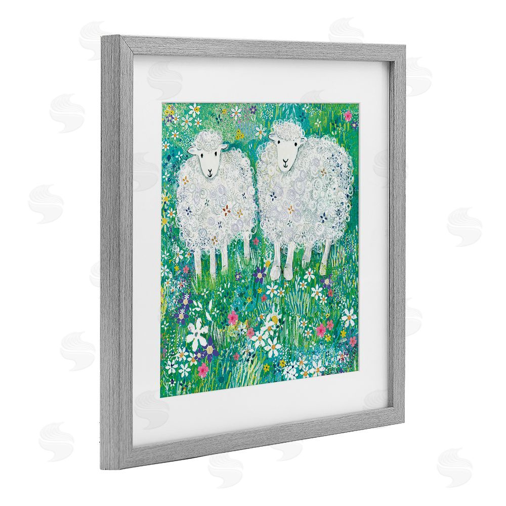 Clare Tupper Wooly Sheep with Scattered Flowers Gray Framed Print Under Glass with White Mat Wall Art