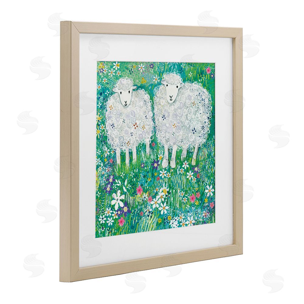 Clare Tupper Wooly Sheep with Scattered Flowers Birch Framed Print Under Glass with White Mat Wall Art