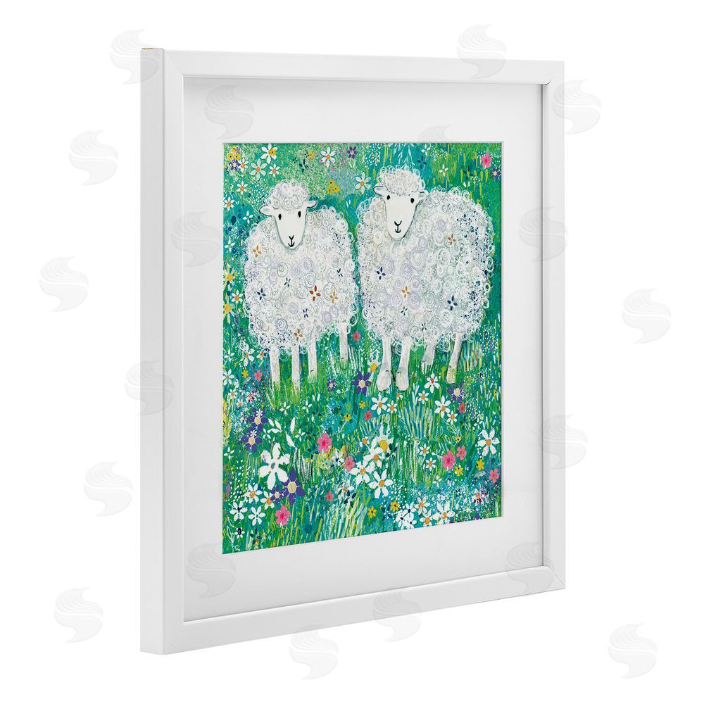 Clare Tupper Wooly Sheep with Scattered Flowers White Framed Print Under Glass with Mat Wall Art