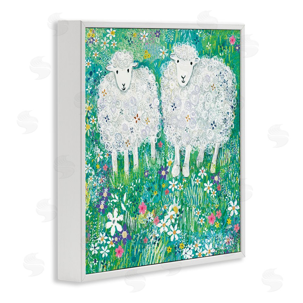 Clare Tupper Wooly Sheep with Scattered Flowers White Framed Giclee Wall Art Print