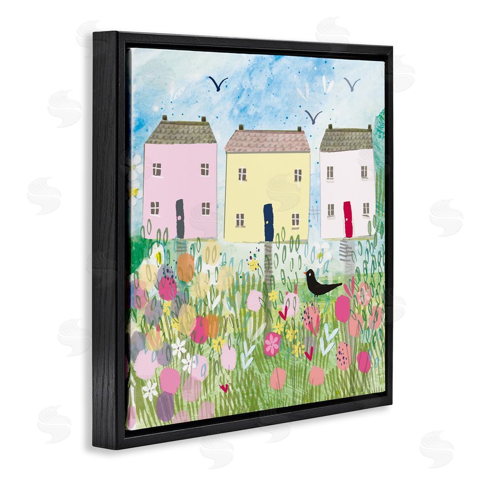 Clare Tupper Row Of Cottages with Crow Black Floating Frame Canvas Wall Art Print