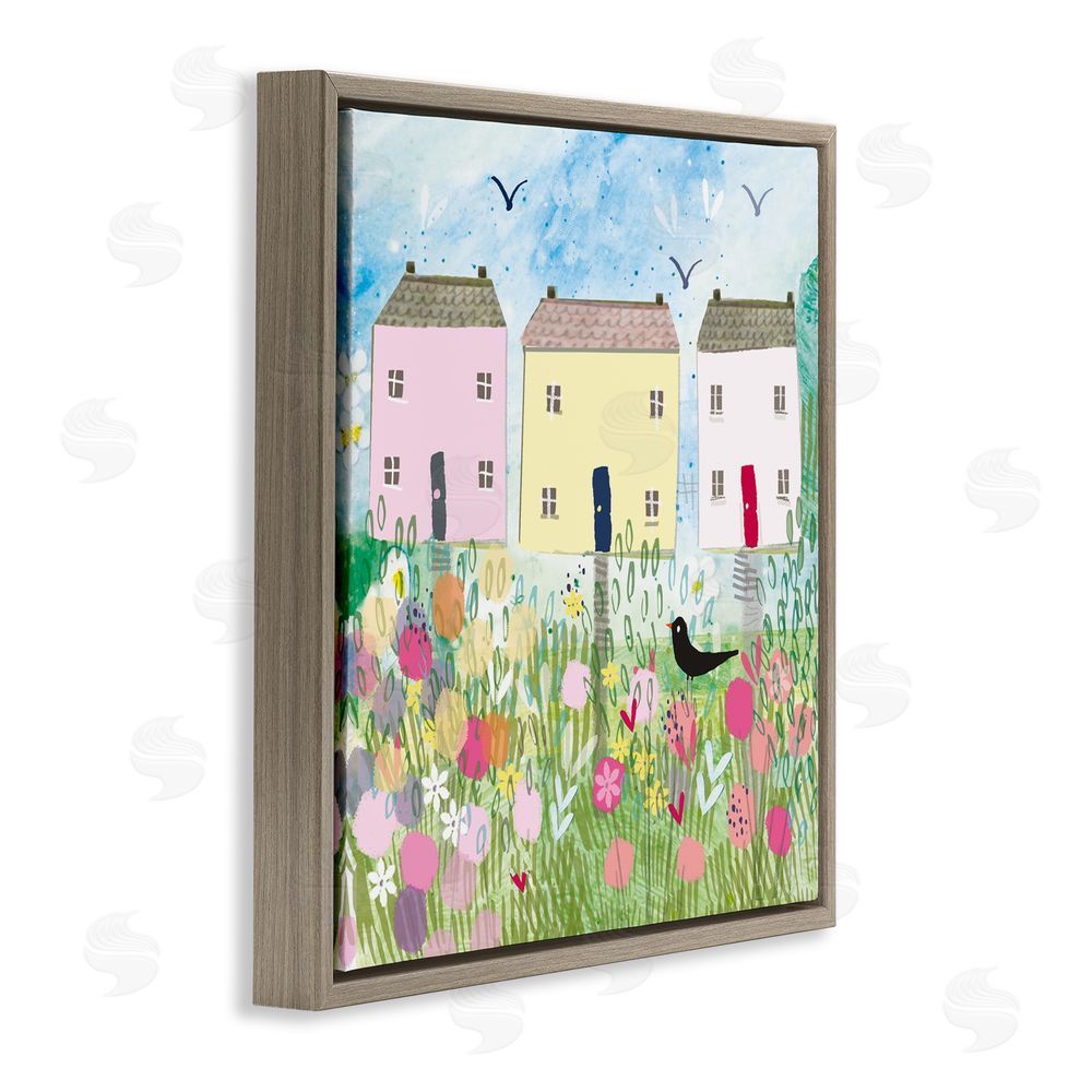 Clare Tupper Row Of Cottages with Crow Brown Floating Frame Canvas Wall Art Print