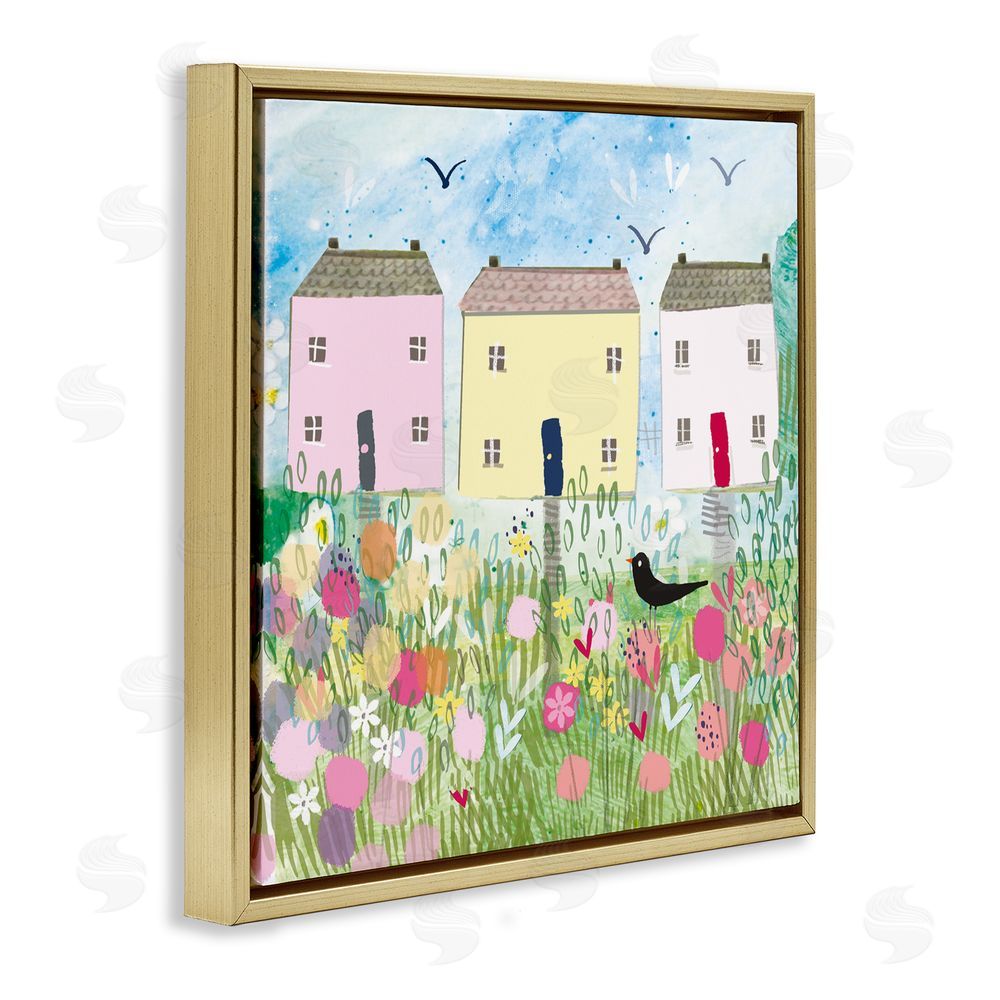 Clare Tupper Row Of Cottages with Crow Gold Floating Frame Canvas Wall Art Print
