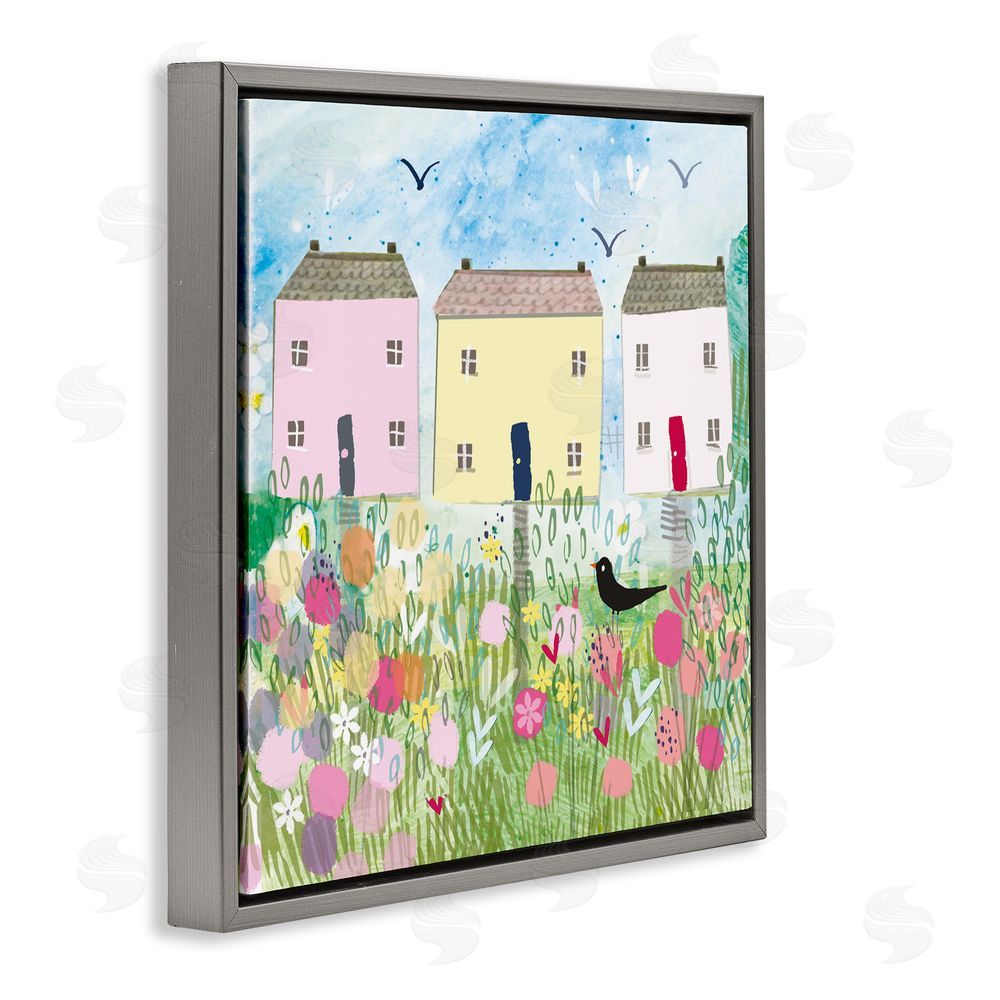 Clare Tupper Row Of Cottages with Crow Gray Floating Frame Canvas Wall Art Print