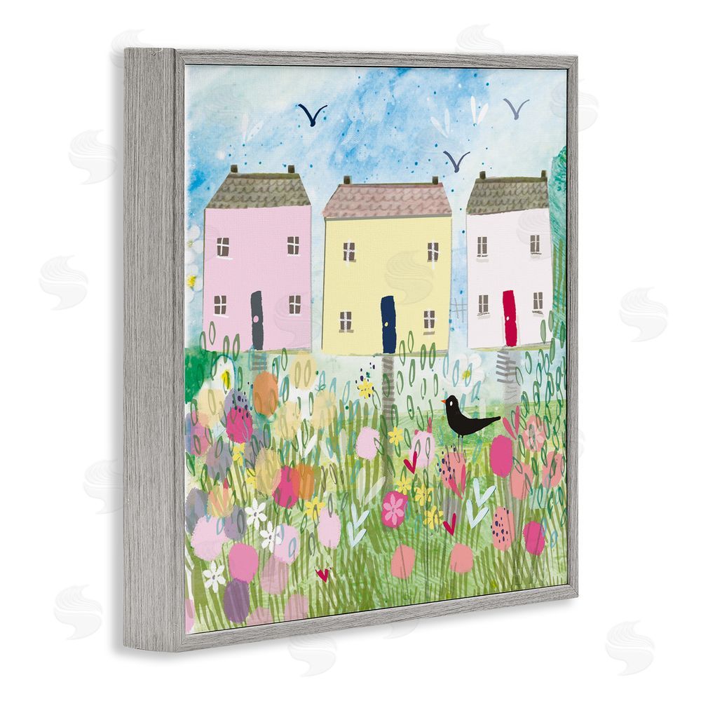 Clare Tupper Row Of Cottages with Crow Gray Framed Giclee Wall Art Print