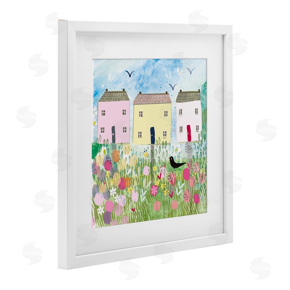 Clare Tupper Row Of Cottages with Crow White Framed Print Under Glass with Mat Wall Art