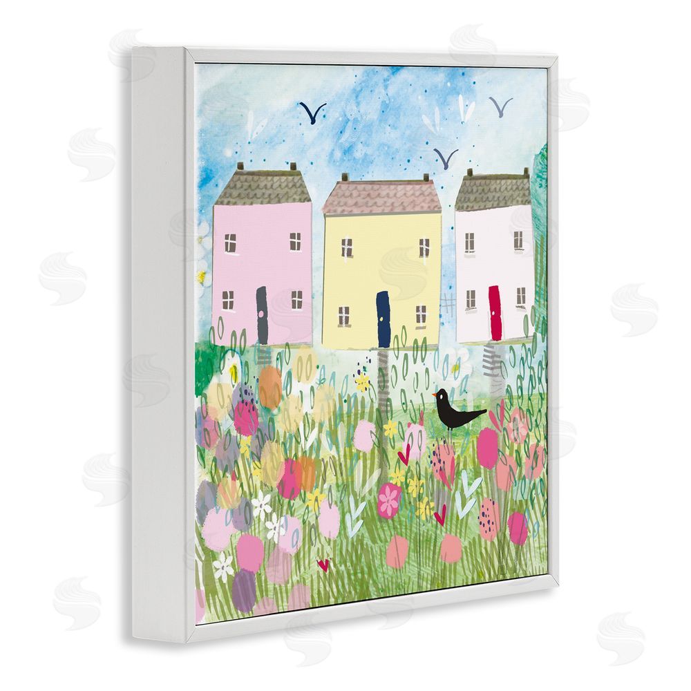 Clare Tupper Row Of Cottages with Crow White Framed Giclee Wall Art Print