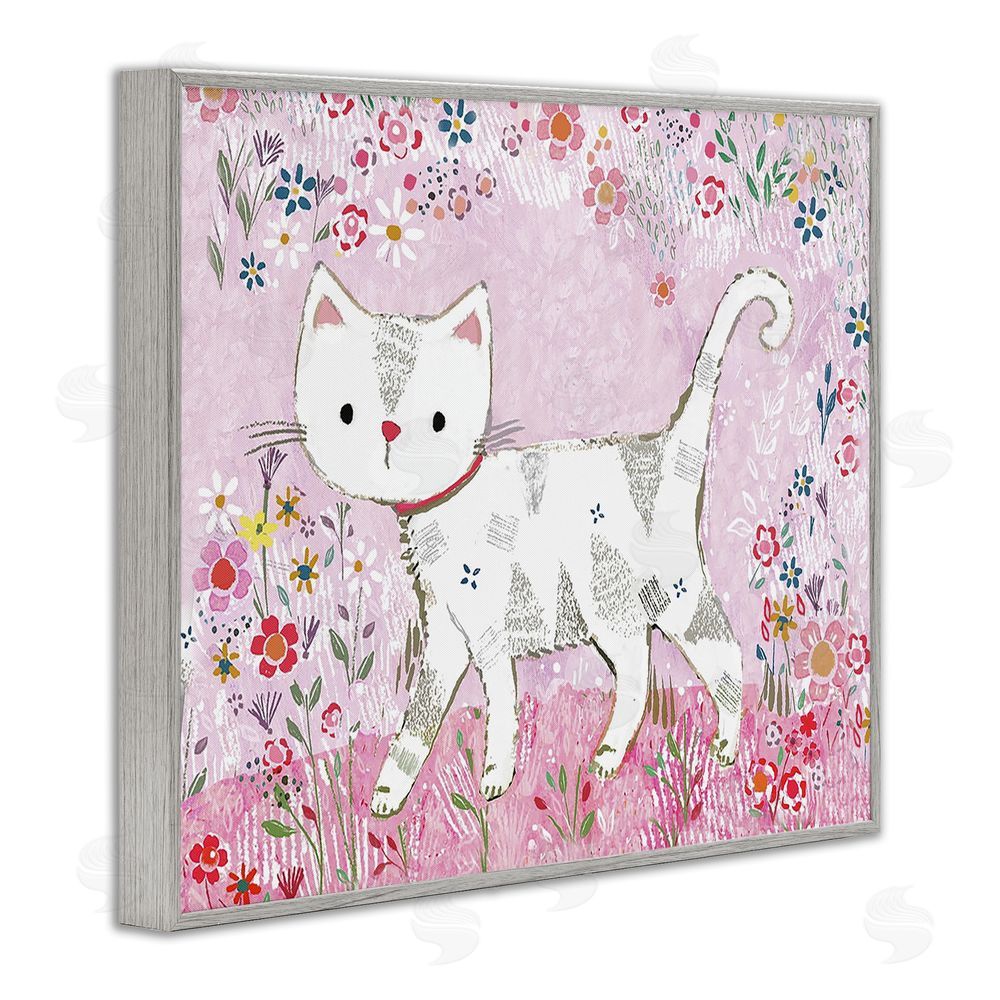 Clare Tupper Walking Cat on Pastel Pink Gray Framed Giclee Wall Art Print