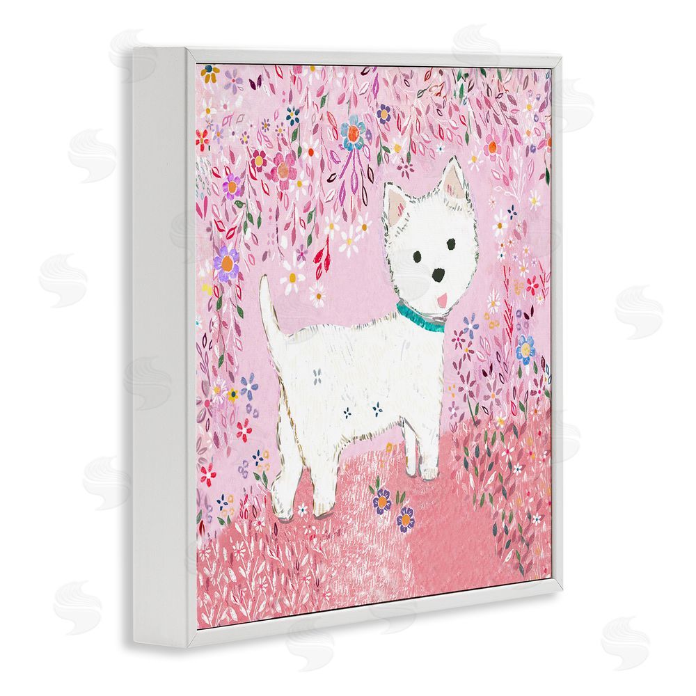 Clare Tupper Lola Pink Floral Puppy White Framed Giclee Wall Art Print