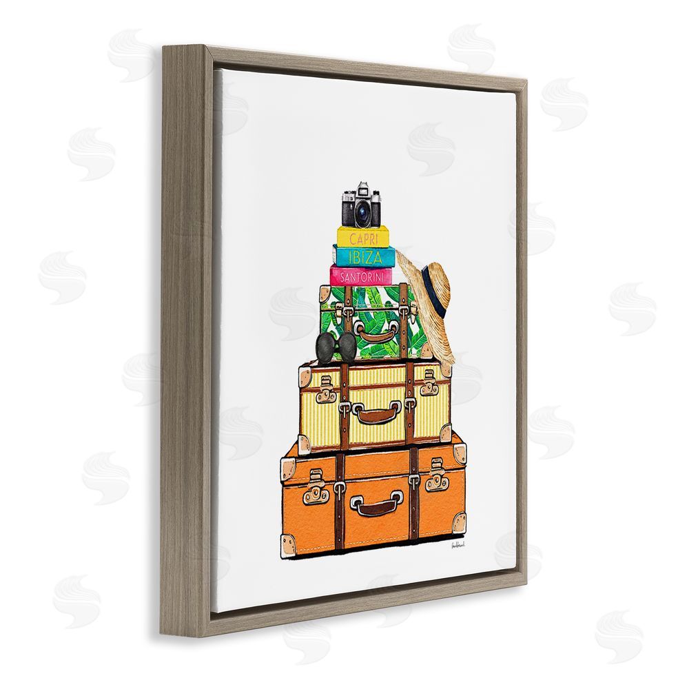 Amanda Greenwood Travel Suitcases & Camera Brown Floating Frame Canvas Wall Art Print