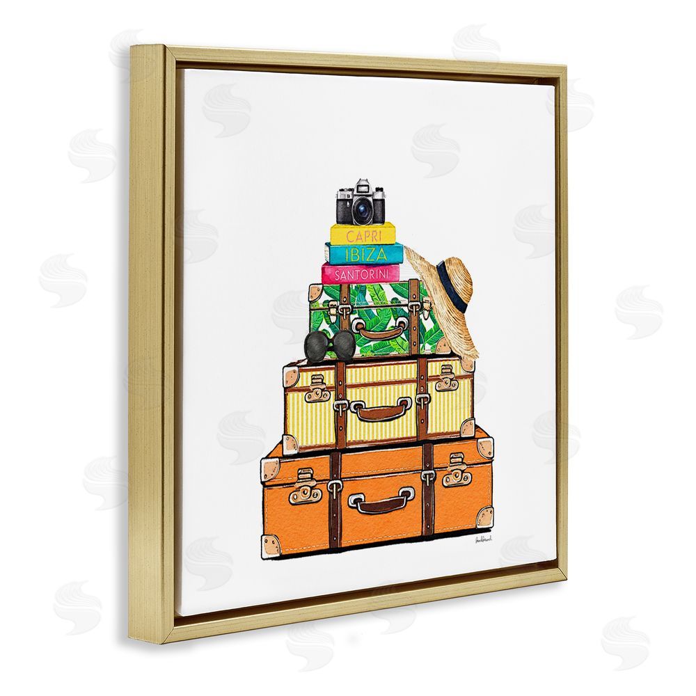 Amanda Greenwood Travel Suitcases & Camera Gold Floating Frame Canvas Wall Art Print