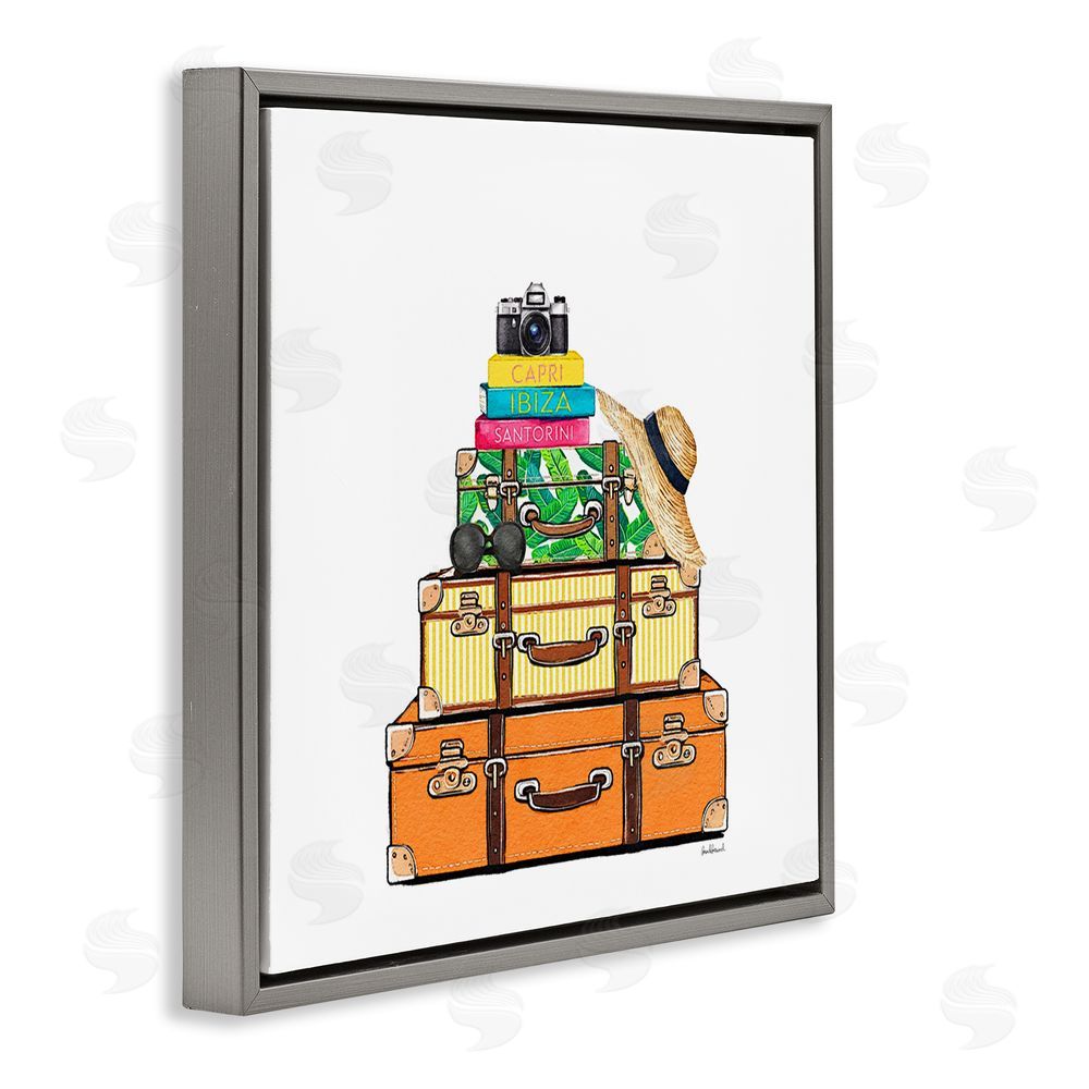 Amanda Greenwood Travel Suitcases & Camera Gray Floating Frame Canvas Wall Art Print