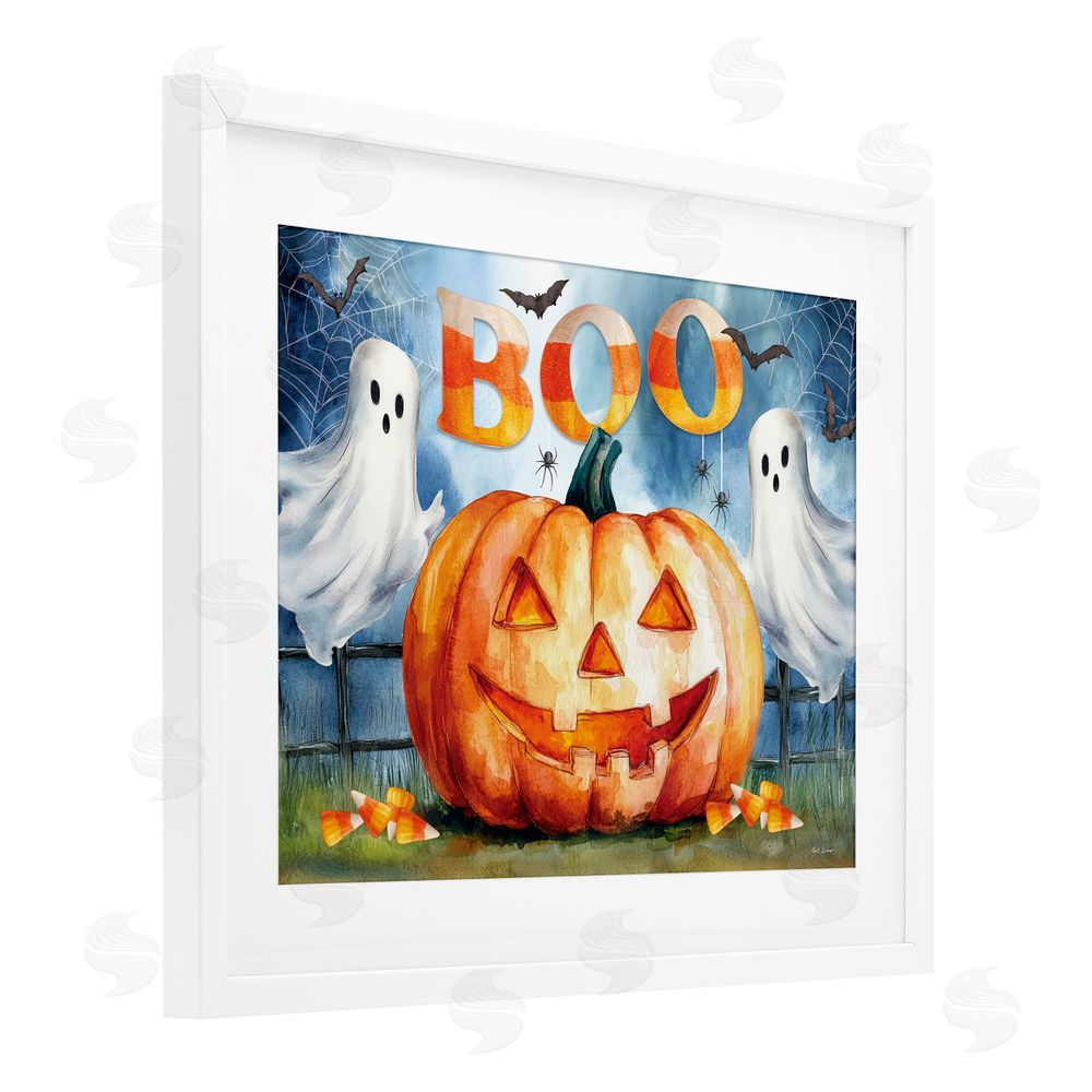 Nicole DeCamp Boo Ghosts & Jack-o-Lantern White Framed Print Under Glass Art