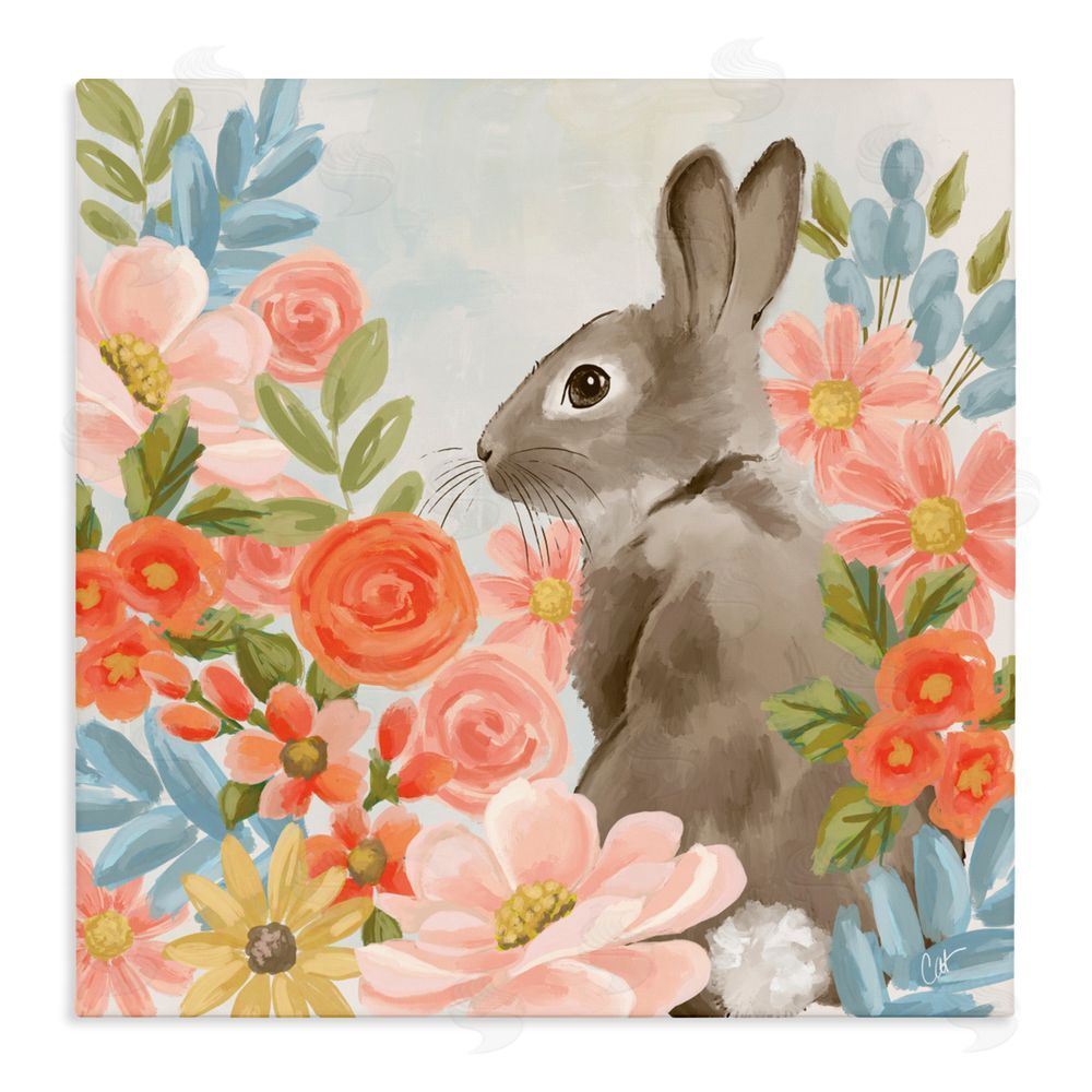 Cat Thurman Designs Bunny In The Blooms Stretched Canvas Wall Art Print