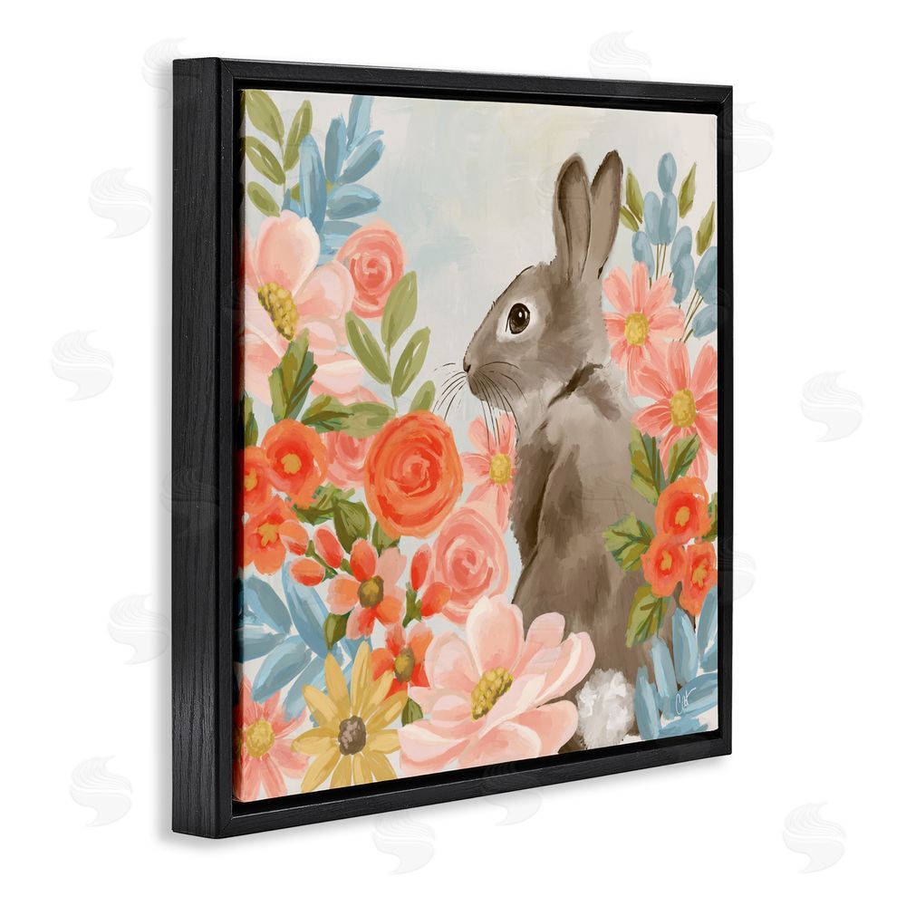 Cat Thurman Designs Bunny In The Blooms Black Floating Frame Canvas Wall Art Print