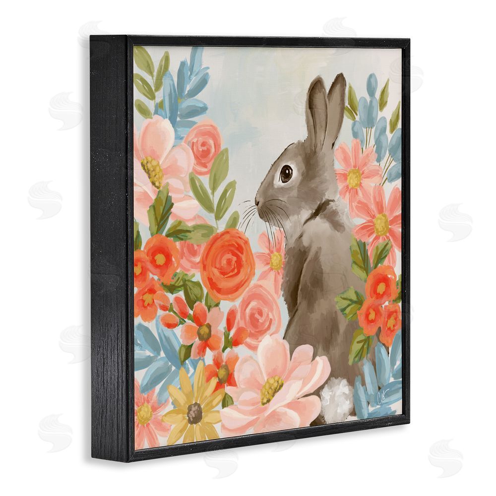 Cat Thurman Designs Bunny In The Blooms Black Framed Giclee Wall Art Print