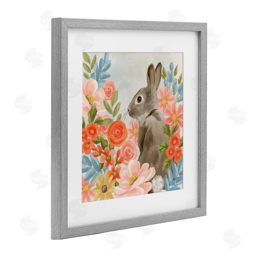 Cat Thurman Designs Bunny In The Blooms Gray Framed Print Under Glass Wall Art