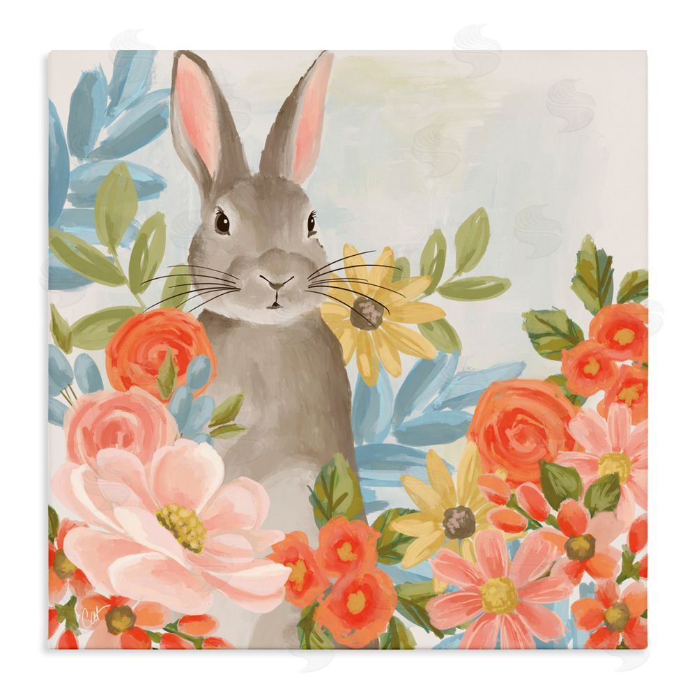 Cat Thurman Designs Bunny Among The Blooms Stretched Canvas Wall Art Print