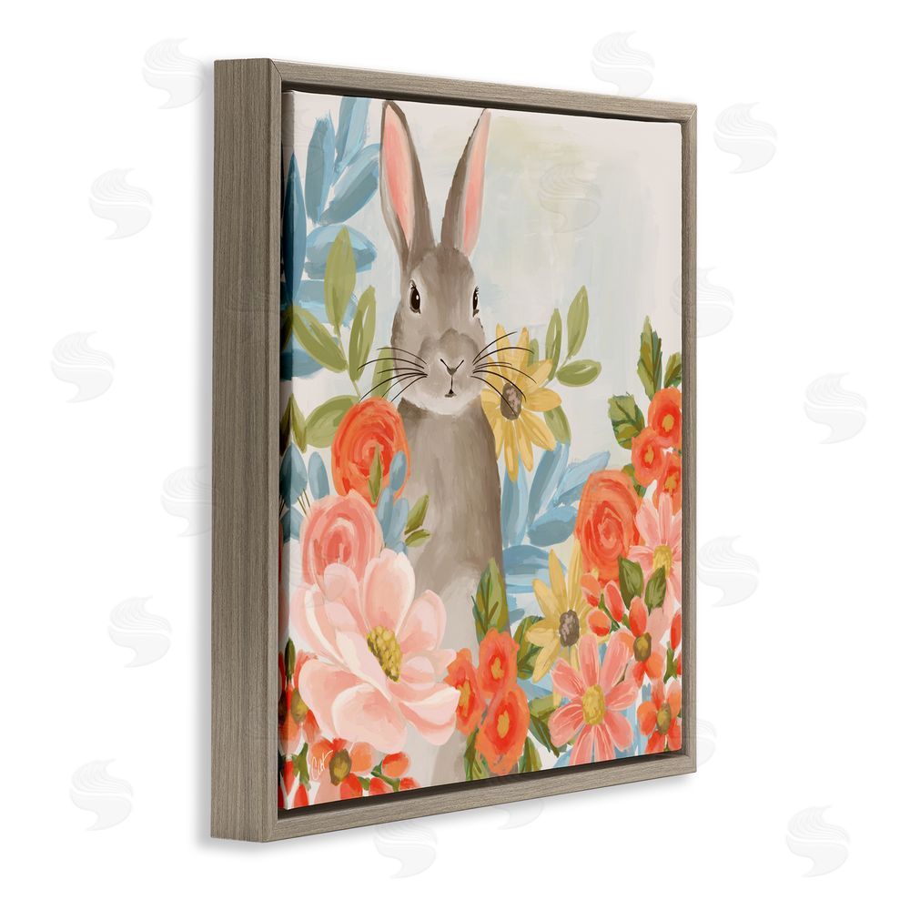 Cat Thurman Designs Bunny Among The Blooms Brown Floating Frame Canvas Wall Art Print