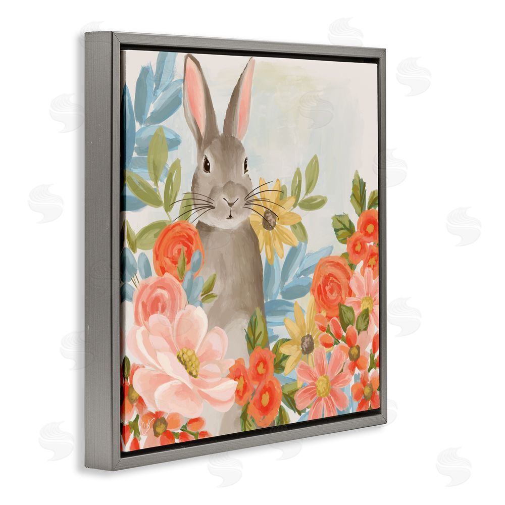 Cat Thurman Designs Bunny Among The Blooms Gray Floating Frame Canvas Wall Art Print