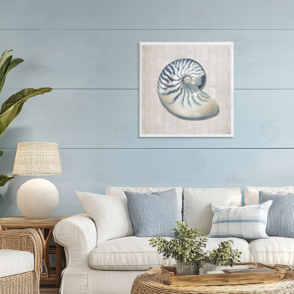 Amber Sterling Nautilus Shell in Misty Blue Stretched Canvas Wall Art in Room