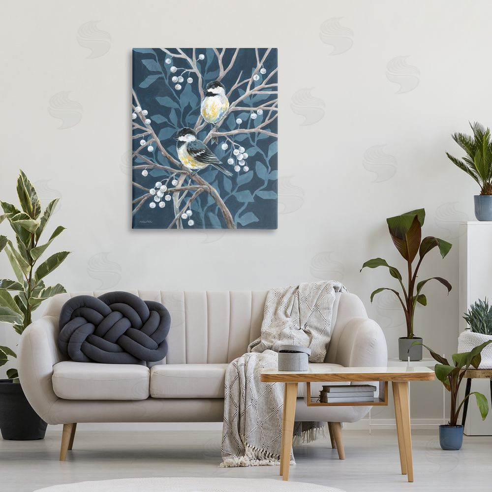 Diane Kater Chickadees on Winter Berries Stretched Canvas Wall Art in Room