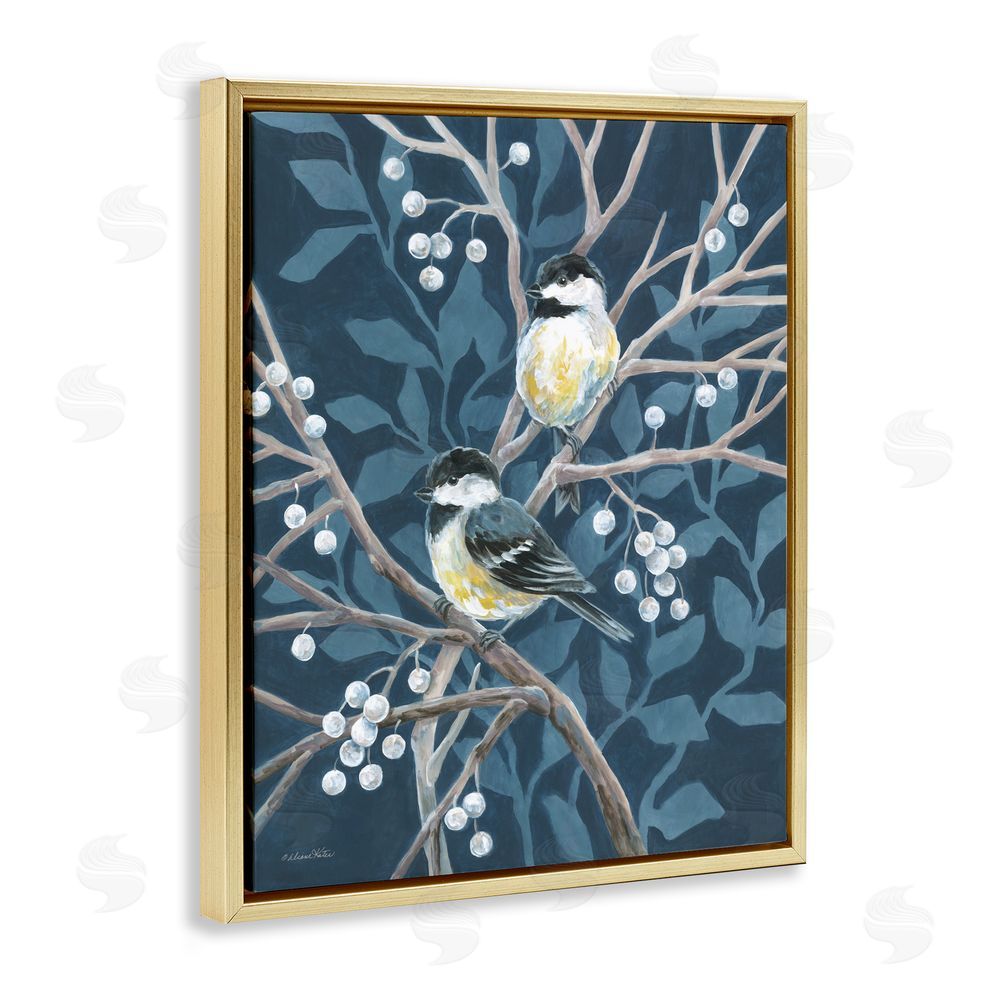 Diane Kater Chickadees on Winter Berries Gold Floating Frame Canvas Wall Art Print
