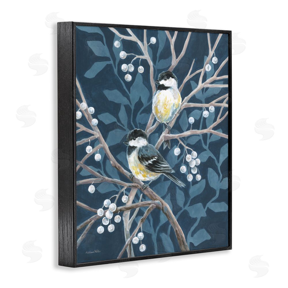 Diane Kater Chickadees on Winter Berries Black Framed Giclee Wall Art Print