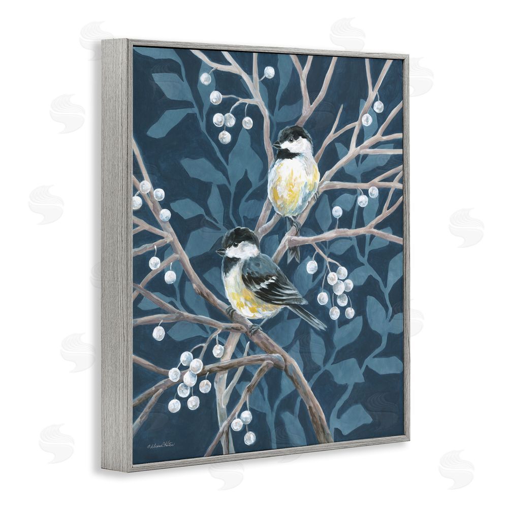 Diane Kater Chickadees on Winter Berries Gray Framed Giclee Wall Art Print