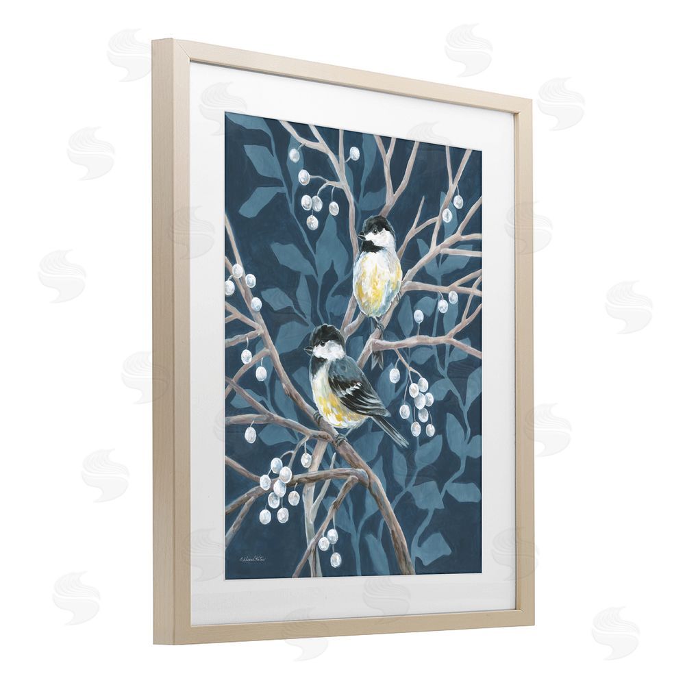 Diane Kater Chickadees on Winter Berries Brown Framed Print Under Glass Wall Art