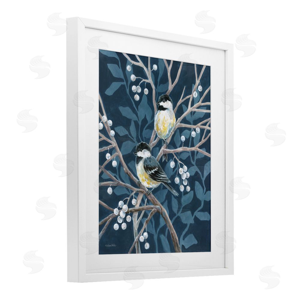Diane Kater Chickadees on Winter Berries White Framed Print Under Glass Wall Art