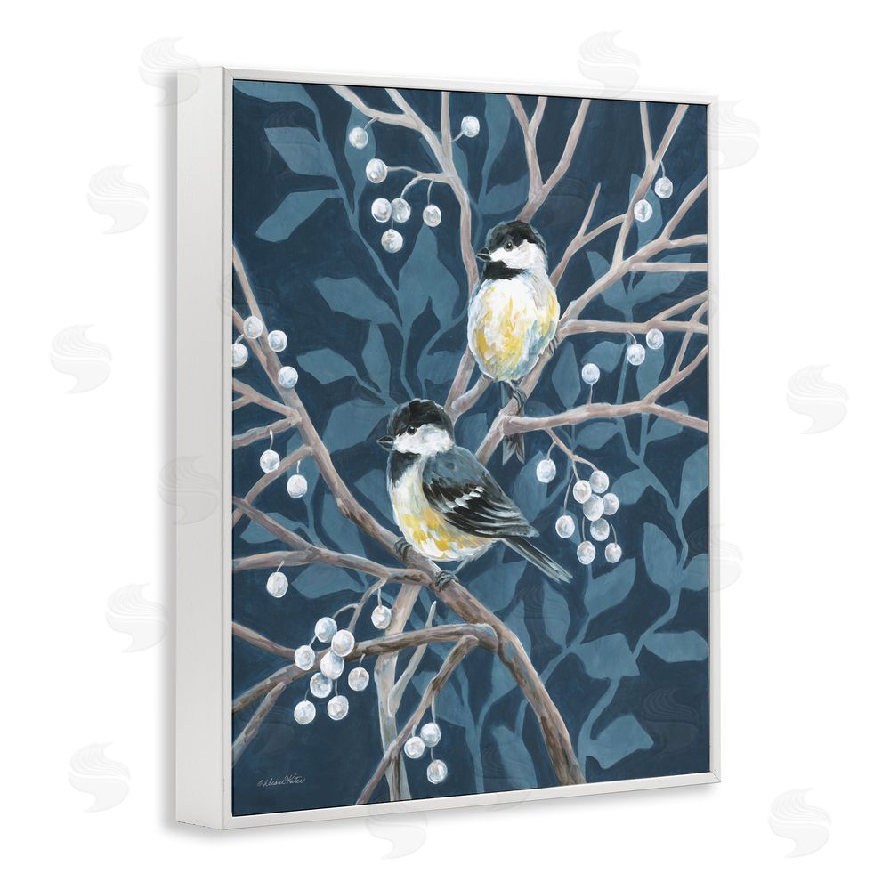 Diane Kater Chickadees on Winter Berries White Framed Giclee Wall Art Print