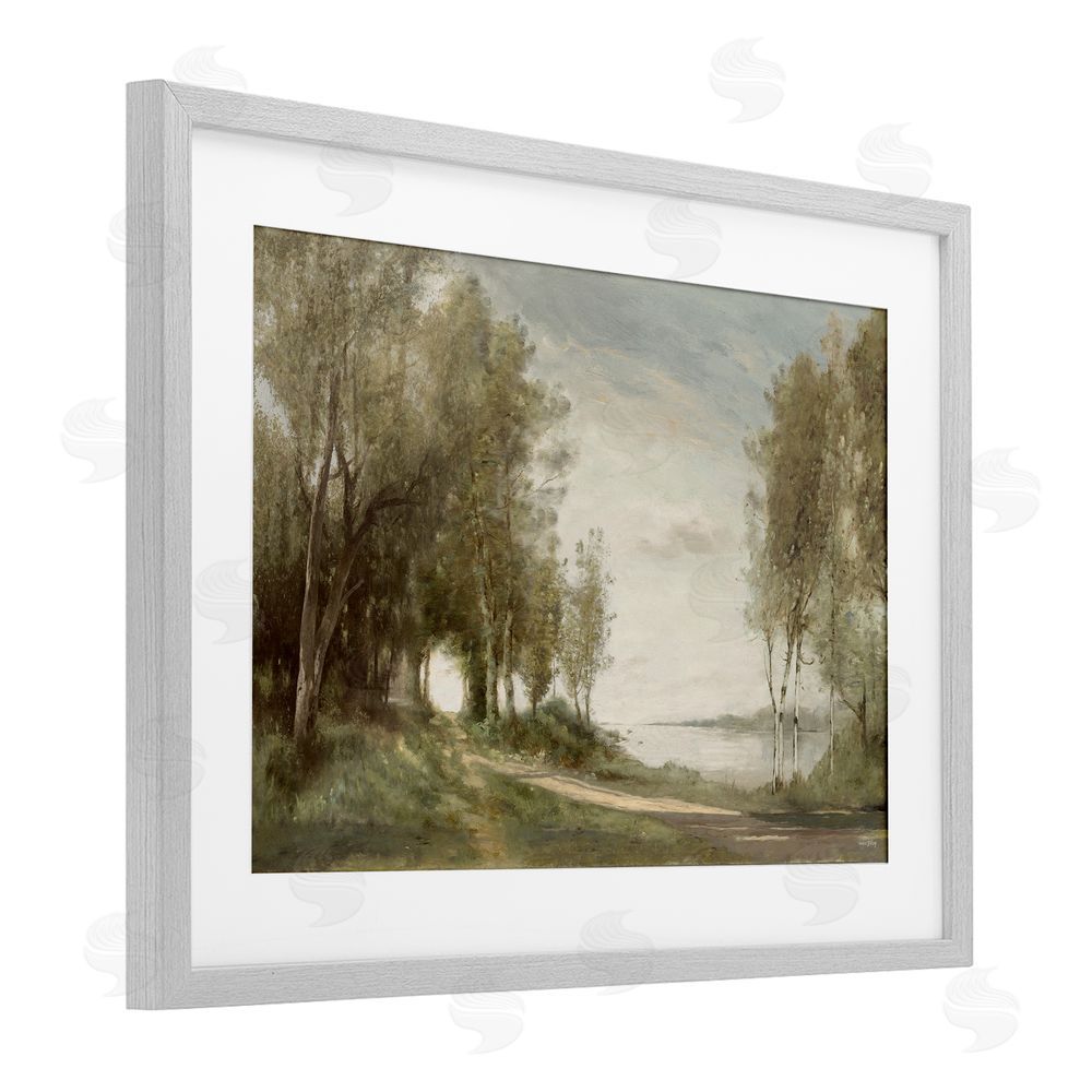 Amber Sterling Tranquil Lakeside Path Gray Framed Print Under Glass with White Mat Wall Art