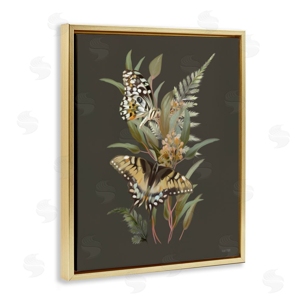 House Fenway Twin Swallowtails & Greenery Gold Floating Framed Canvas Wall Art Print