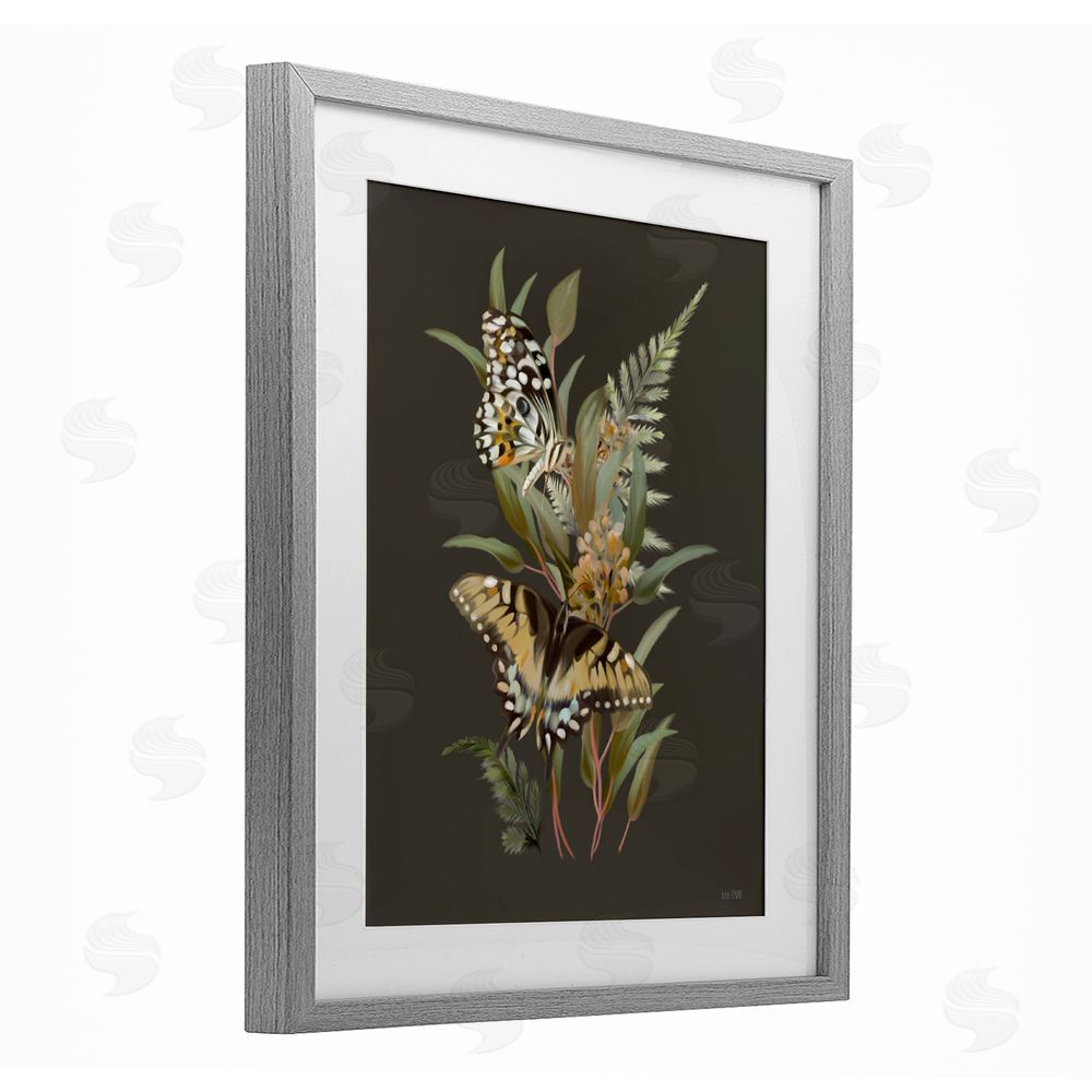 House Fenway Twin Swallowtails & Greenery Gray Framed Print Under Glass with White Mat Wall Art