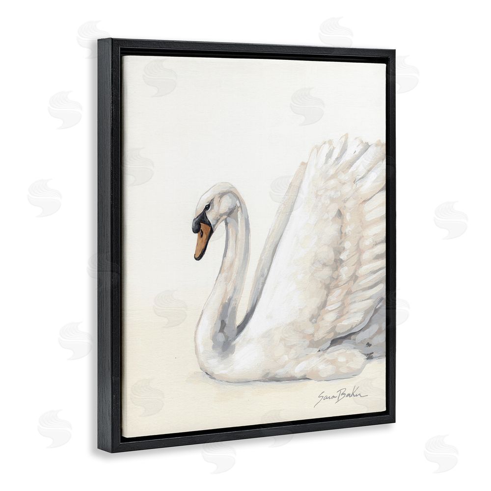 Sara Baker White Swan in Repose Black Floating Framed Canvas Wall Art Print