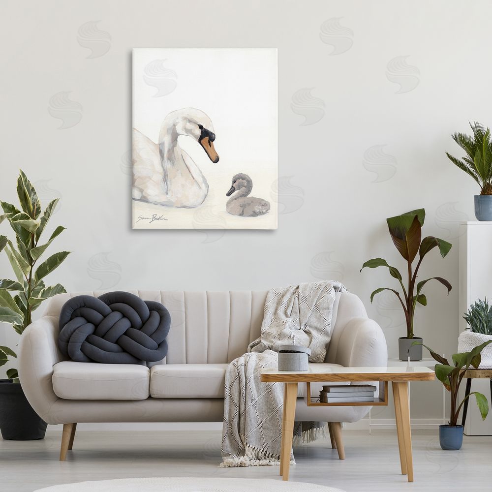 Sara Baker Mother Swan & Cygnet Stretched Canvas Wall Art in Room