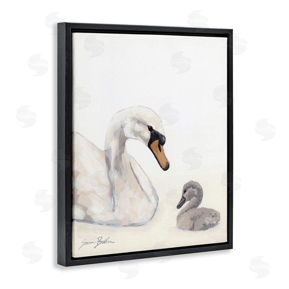 Sara Baker Mother Swan & Cygnet Black Floating Framed Canvas Wall Art