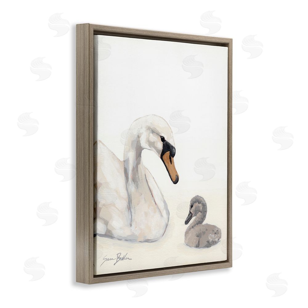 Sara Baker Mother Swan & Cygnet Brown Floating Framed Canvas Wall Art