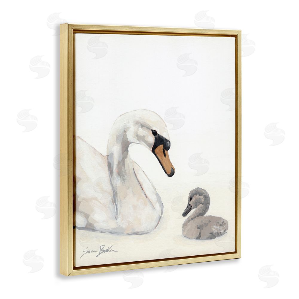 Sara Baker Mother Swan & Cygnet Gold Floating Framed Canvas Wall Art