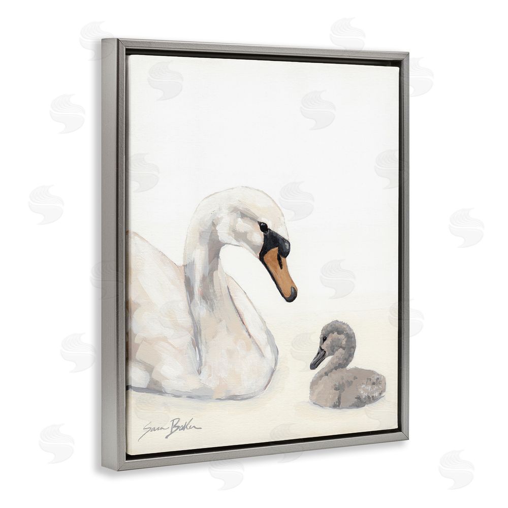 Sara Baker Mother Swan & Cygnet Gray Floating Framed Canvas Wall Art