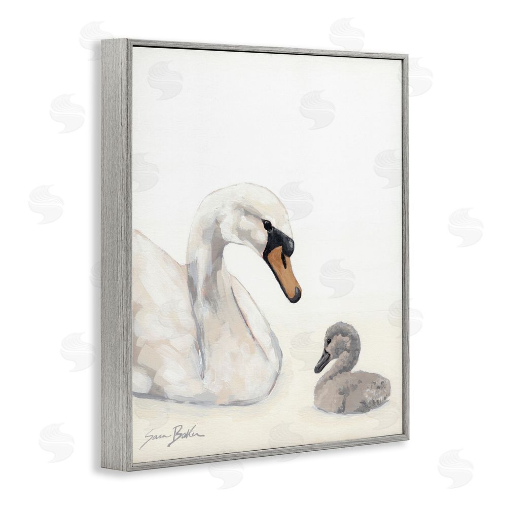 Sara Baker Mother Swan & Cygnet Gray Framed Giclee Wall Art