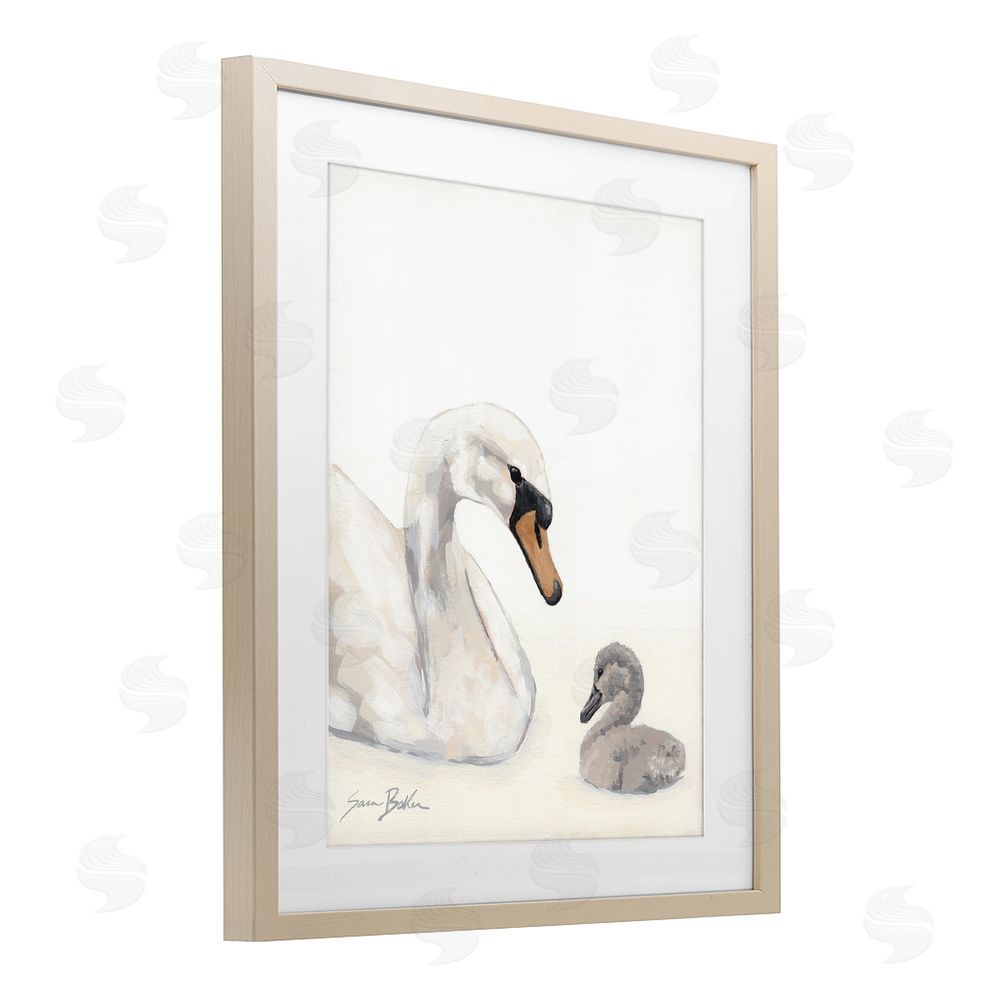 Sara Baker Mother Swan & Cygnet Brown Framed Print Under Glass Wall Art