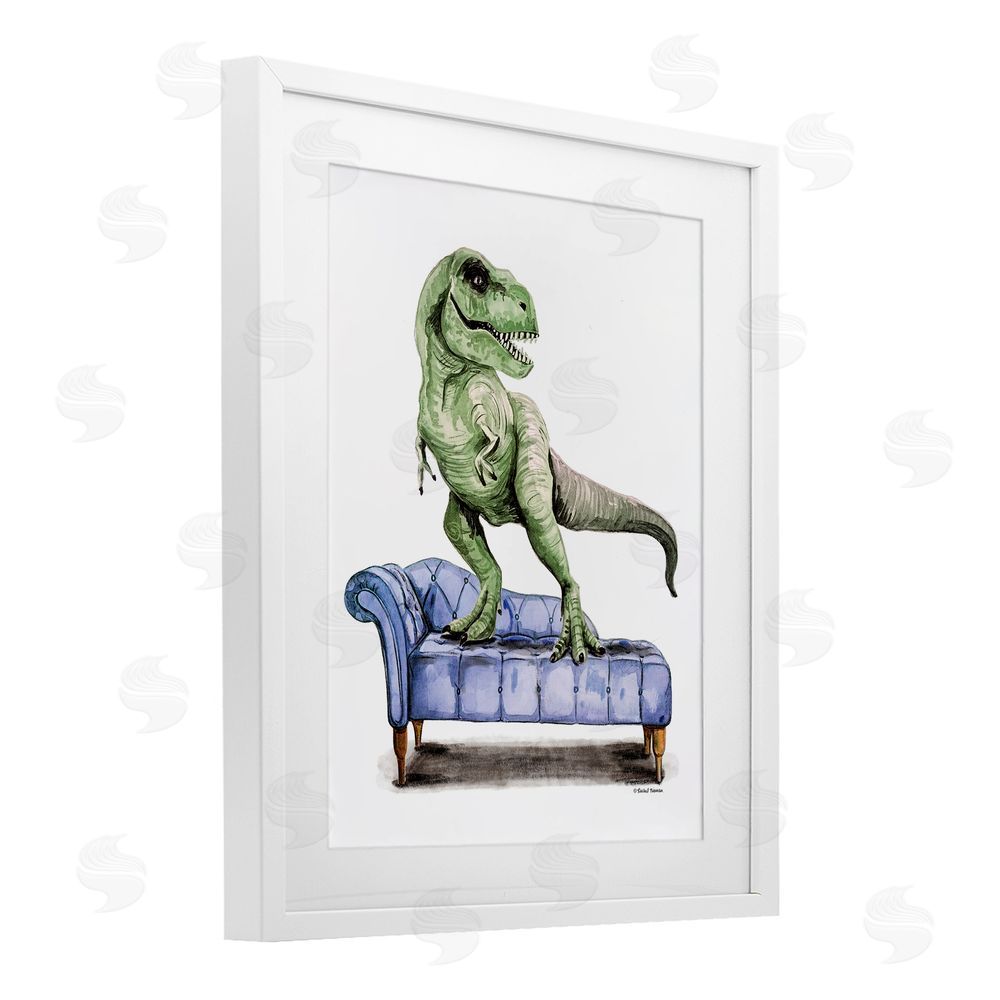 Rachel Nieman Chaise Lounge T-Rex White Framed Print Under Glass Wall Art