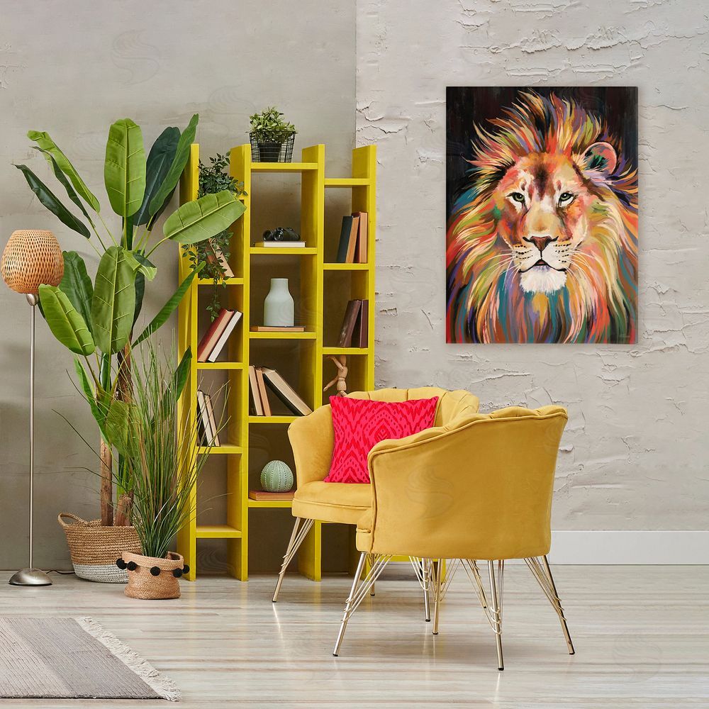 Cat Thurman Designs Vibrant Majestic Rainbow Lion Stretched Canvas on Wall