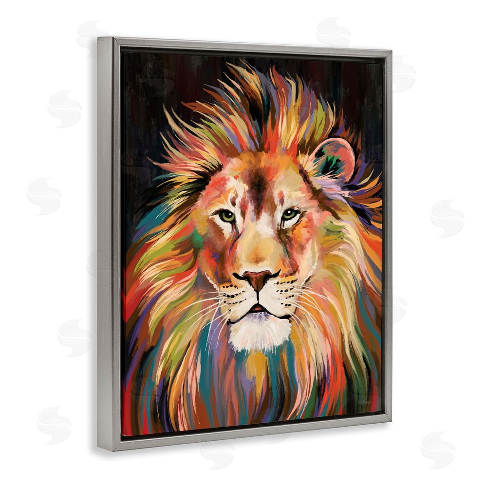 Cat Thurman Designs Vibrant Majestic Rainbow Lion Gray Floating Framed Canvas Wall Art Print