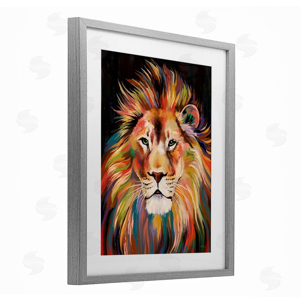 Cat Thurman Designs Vibrant Majestic Rainbow Lion Gray Framed Print Under Glass with White Mat Wall Art