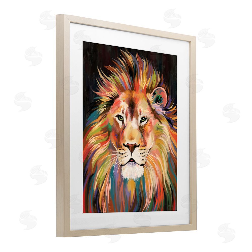 Cat Thurman Designs Vibrant Majestic Rainbow Lion Brown Framed Print Under Glass with White Mat Wall Art